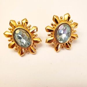 AVON Fabulous Gold Tone & Aquamarine Blue Rhinestone Earrings, Post Back, 1980's